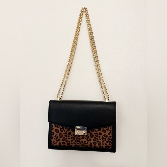 Express Animal Print Vegan Leather Flap Gold Chain Handbag Brown Black - Picture 2 of 10